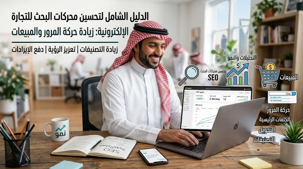 صورة تعبيرية تصميمية بعنوان 'SEO للمتاجر الإلكترونية في السعودية'، توضح محركات البحث، زيادة الزيارات المجانية لمواقع التجارة الإلكترونية، مؤشرات النمو الرقمي، واستراتيجيات تحسين ظهور المتاجر على جوجل
