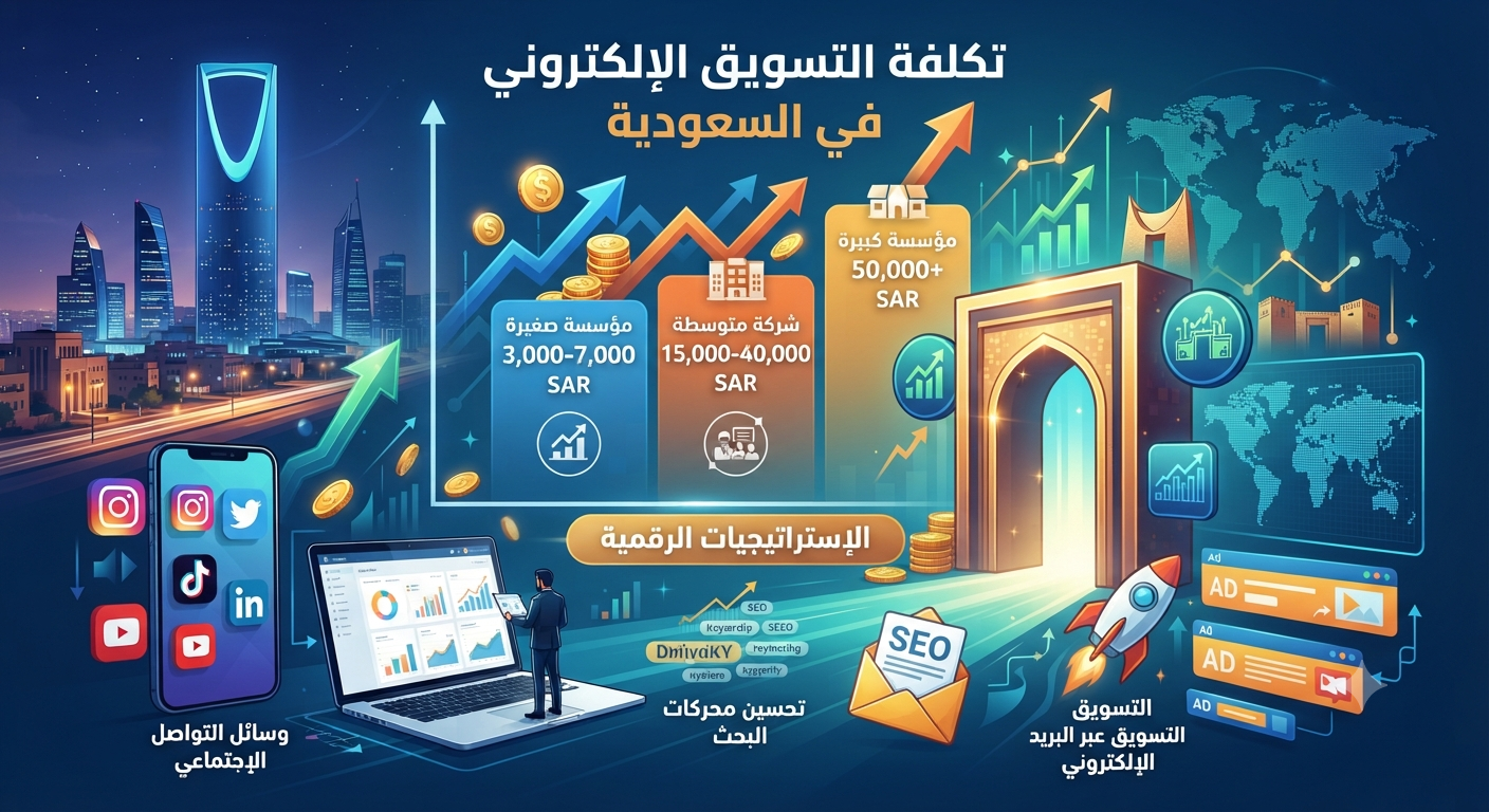 صورة تعبيرية تصميمية بعنوان 'تكلفة التسويق الإلكتروني في السعودية'، توضح مؤشرات أسعار الخدمات الرقمية، الرسوم البيانية، منصات التواصل الاجتماعي، ومعالم سعودية، مع تفاصيل عن استراتيجيات التسويق والأسعار للمؤسسات المختلفة